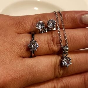 3 PCS. 925 Sterling Silver. Necklace, Stud Earrings, Ring. Silvery Moissanite